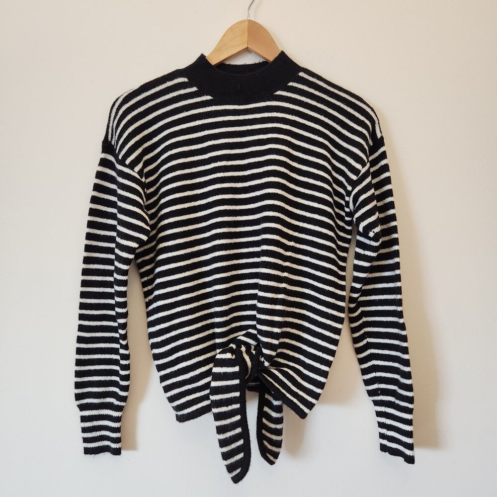 LOFT Sweater Women Wool Blend Black White Stripe Front Tie Petite Small PS